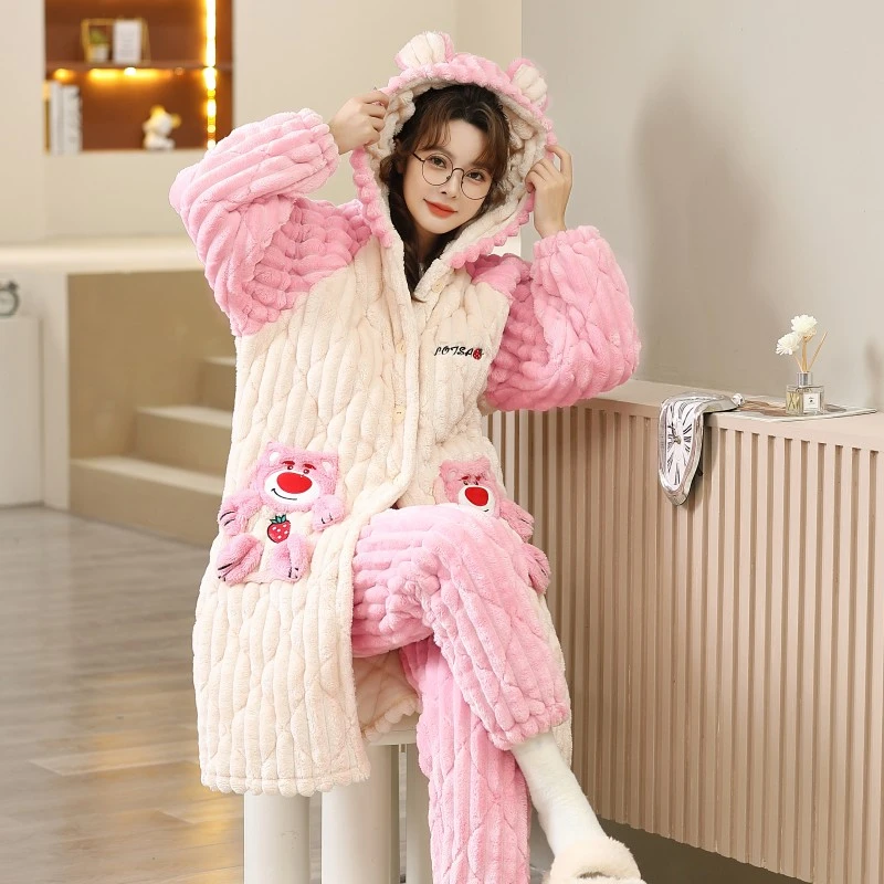 冬季卡通三层夹棉睡衣女可爱家居服套装夹棉加厚长款保暖睡袍加绒