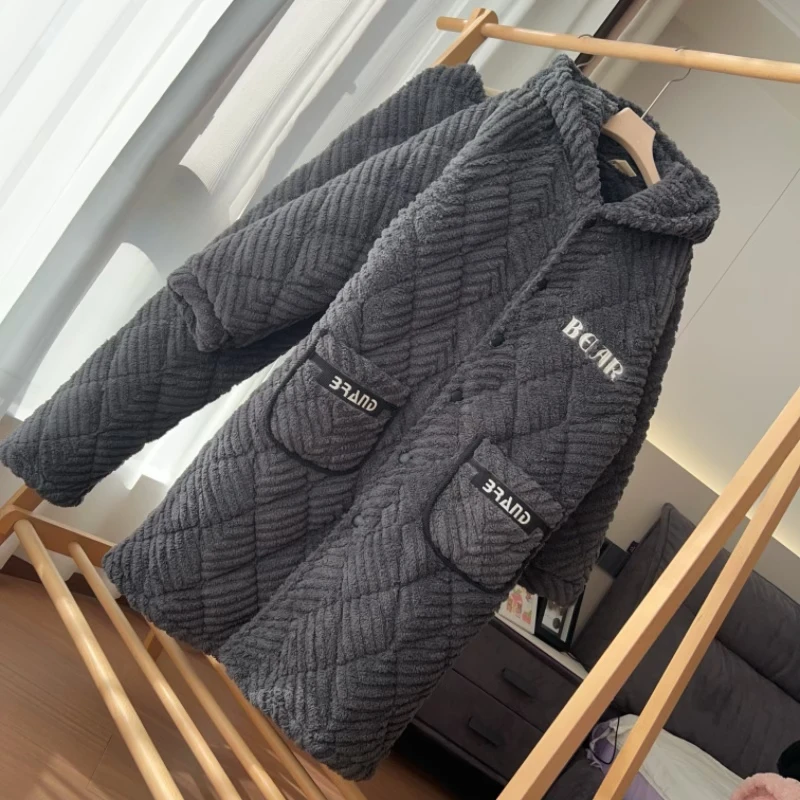 灰色长款连帽三层夹棉睡衣男款冬季加厚加绒保暖家居服套装可外穿