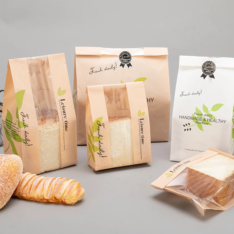 100个装烘焙包装牛皮纸面包袋开窗透明吐司袋甜点打包防油纸袋