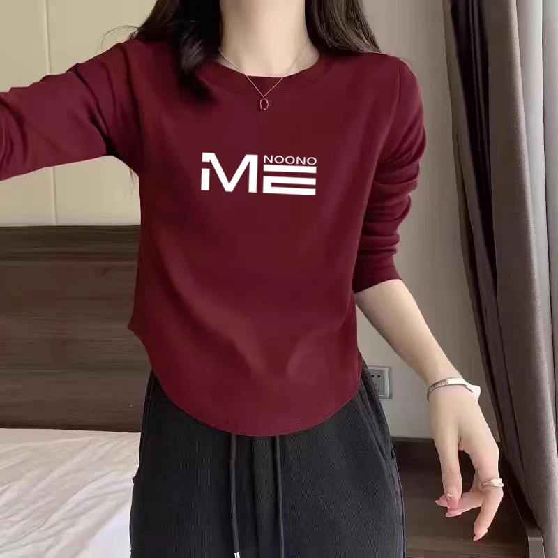 100%纯棉圆领百搭长袖t恤设计春秋新款内搭字母修身印花打底衫女