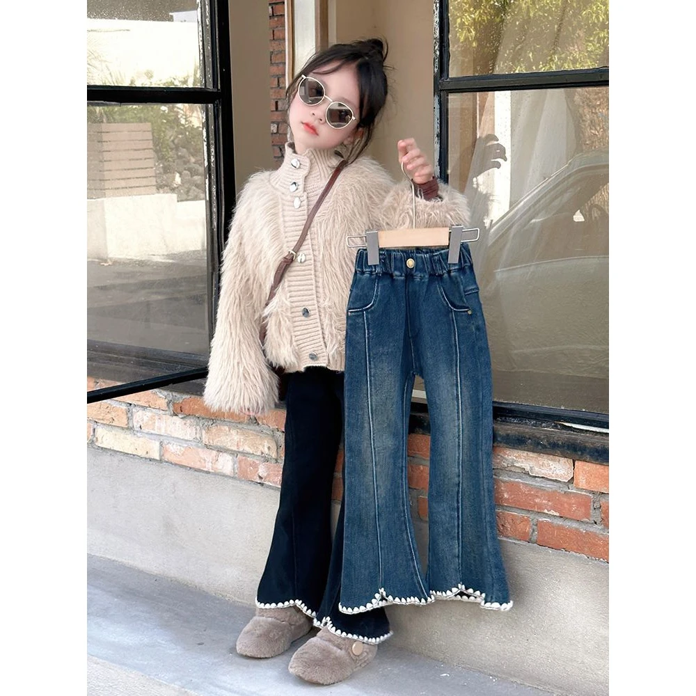 女童牛仔裤加绒一体绒裤子儿童秋装2023新款洋气女孩喇叭裤休闲裤