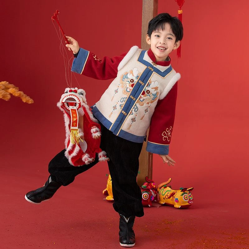汉服男童拜年儿童中国唐装新款宝宝衣服周岁喜庆礼服过年加厚套装