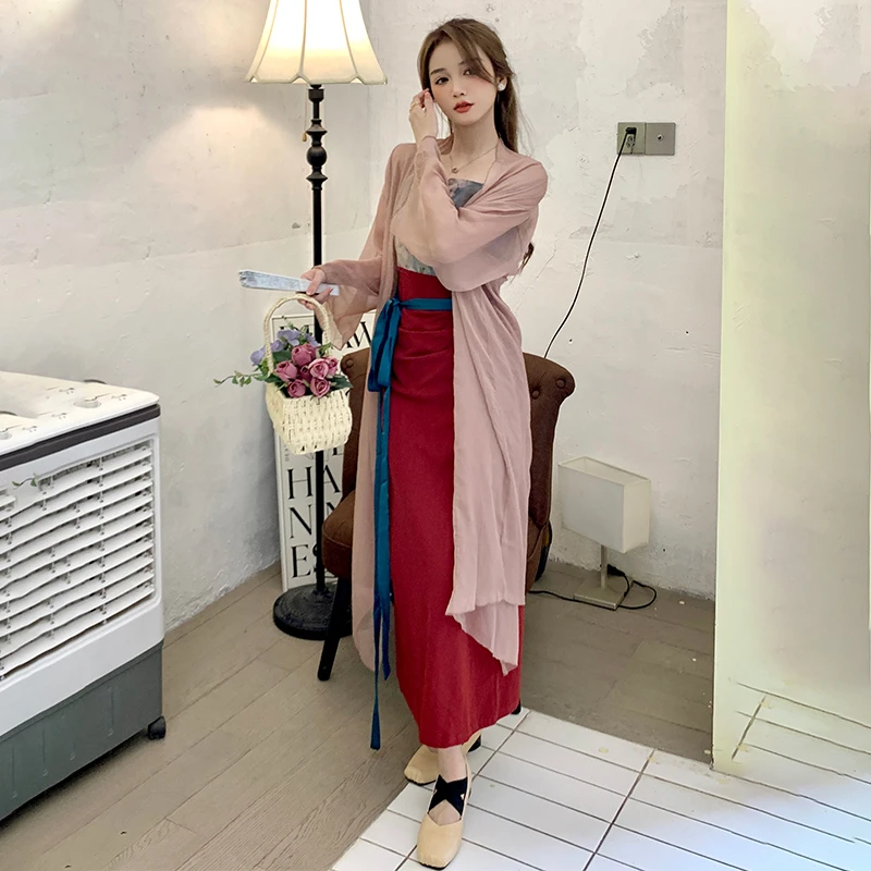 复古套装气质汉元素中国风禅意长款连衣裙改良拼接长裙开衫两件套