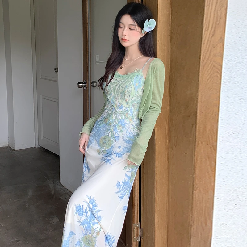 花开半夏新中式复古气质提花显瘦连衣裙女夏开衫吊带裙两件套