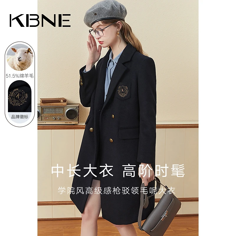 毛呢大衣羊毛外套kbne2023年冬季新款学院风西装领双排扣大衣外套
