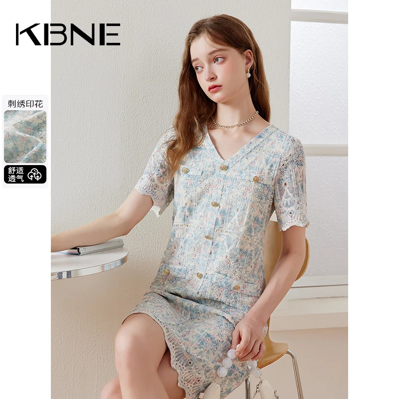 KBNE2024夏装新款气质时尚蕾丝小香风夏季收腰显瘦V领连衣裙子女
