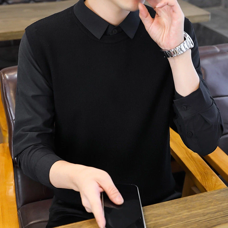 2024秋冬新款男士时尚潮流百搭纯色针织修身毛衣衬衫领针织上衣男