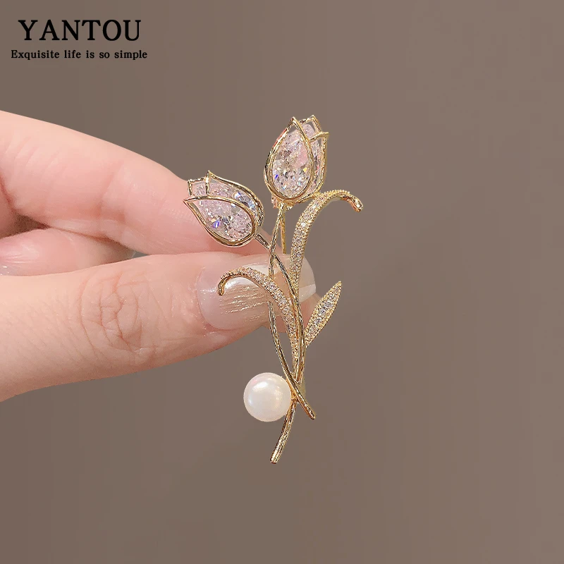 合金仿珍珠胸针 高档郁金香胸针女奢华气质西装毛衣别针设计感