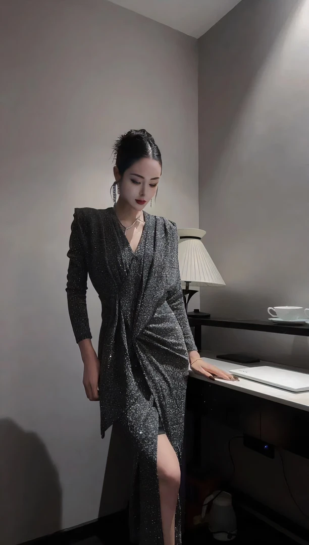 H•J亮钻开叉御姐女装连衣裙礼服名媛轻奢气质设计款长裙