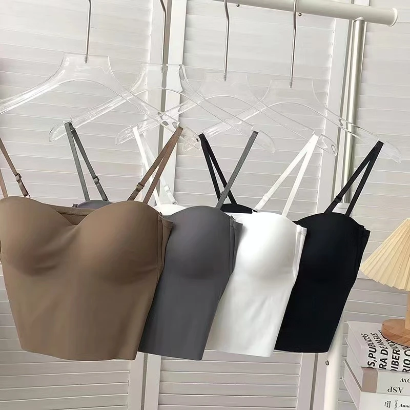 夏季女冰丝一体式带胸垫美背吊带无痕短款聚拢网红简约防走光