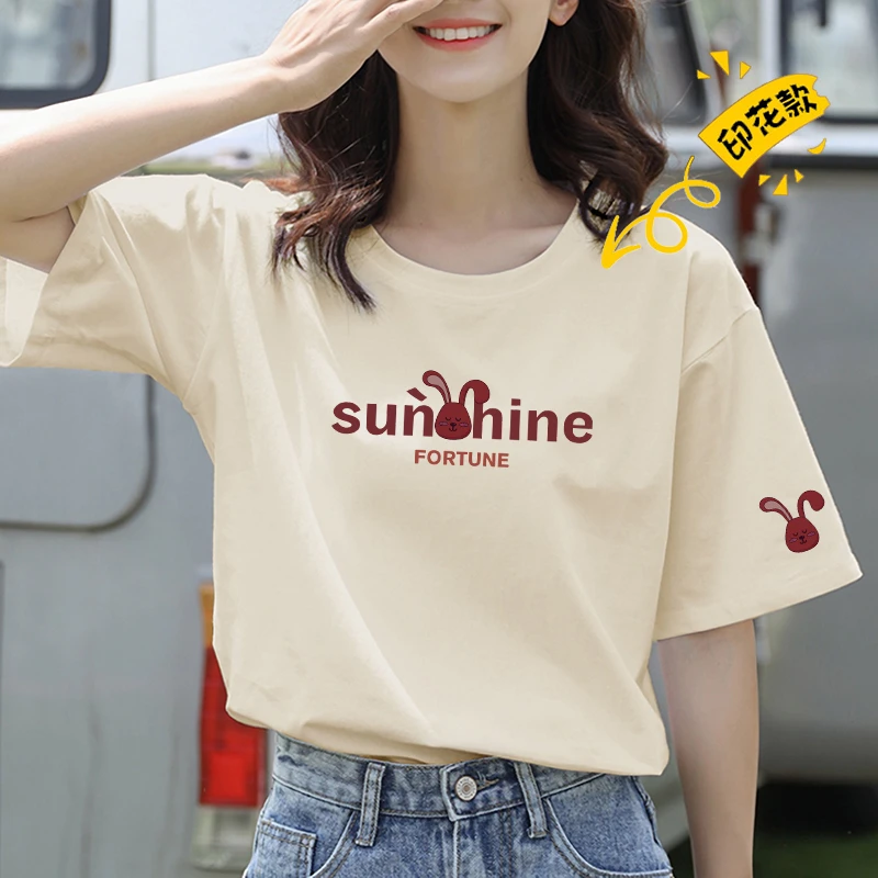 短袖T恤女士夏季2025新款宽松纯棉印花显瘦正肩小众设计感F13