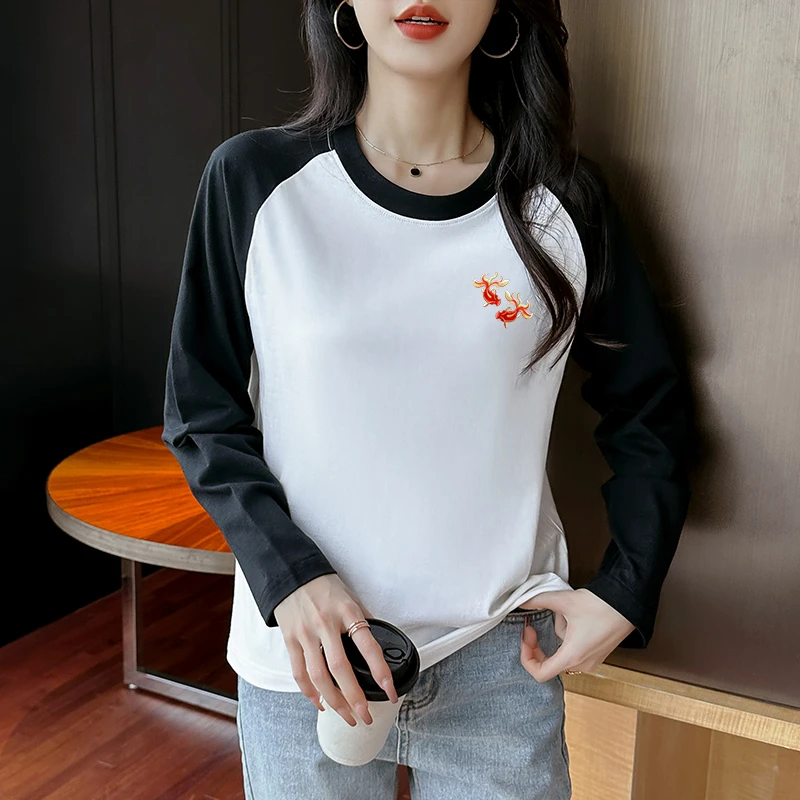 复古插肩袖纯棉长袖t恤女秋装设计感拼接撞色宽松打底衫上衣