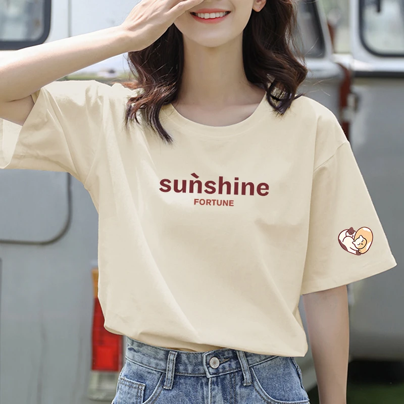 短袖T恤女士夏季2025新款宽松纯棉印花显瘦正肩小众设计感