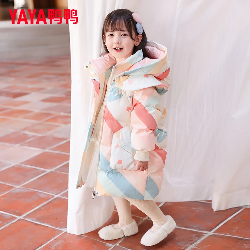 YAYA/鸭鸭儿童女童清新印花羽绒服小童长款连帽洋气加厚秋冬外套
