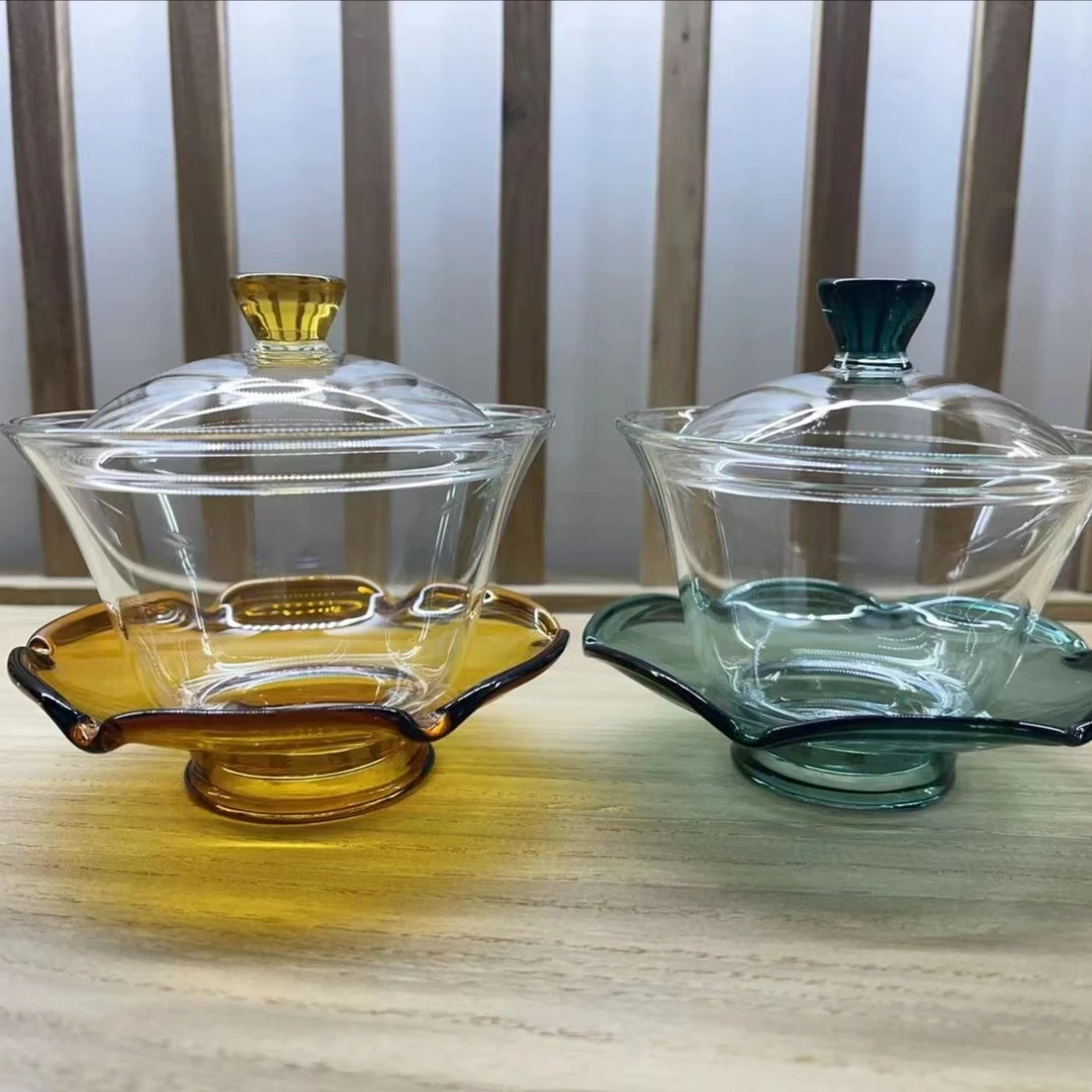 【晶彩荷叶三才盖碗】高硼硅耐高温玻璃200ml手工茶具炫彩大号