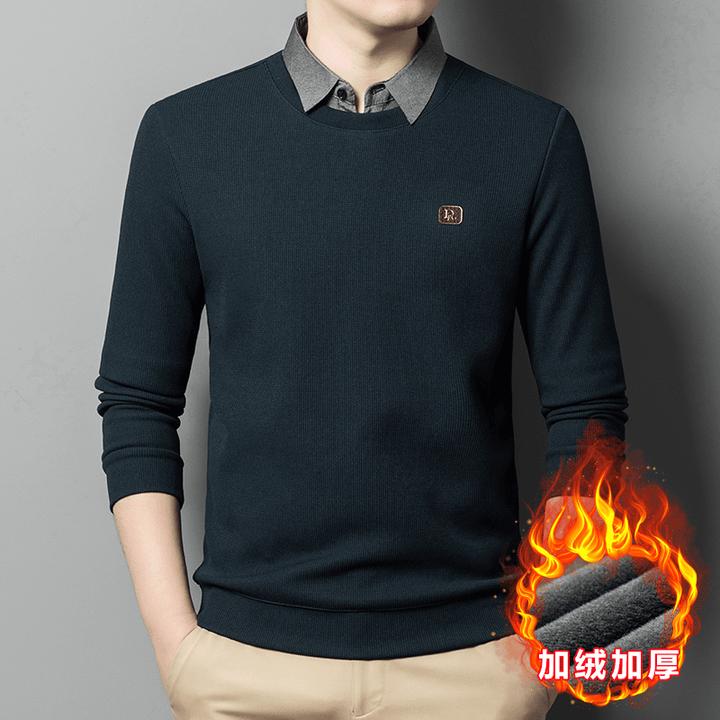 【2024冬季新款】男士高档圆领加绒加厚百搭圆领假两件保暖针织衫