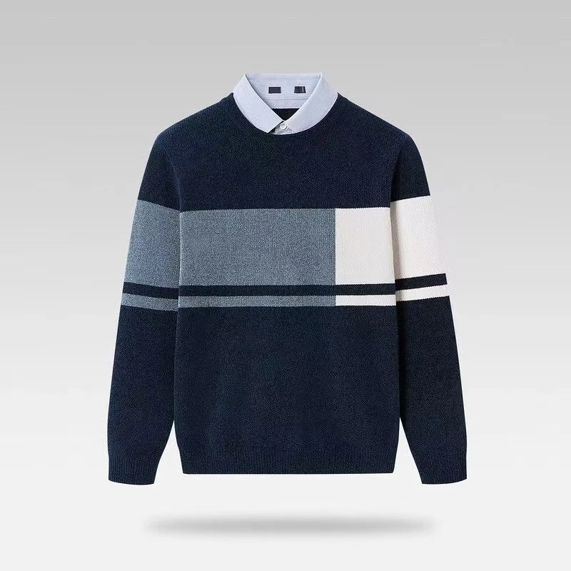 H-男雪尼尔绒双领针织衫新品撞色假两件