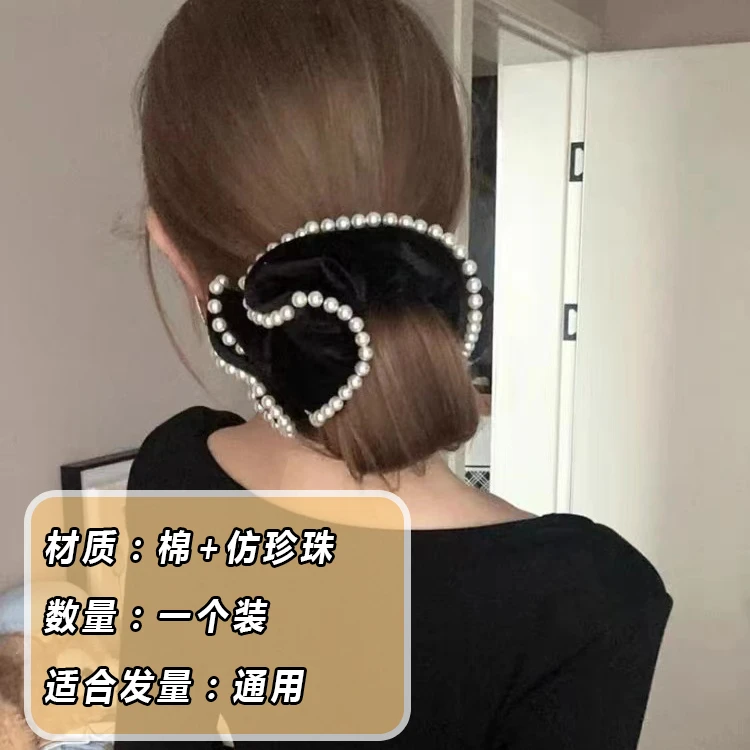 1545爆款黑色仿珍珠大肠发圈发夹法系头饰高级感后脑勺黑色发圈