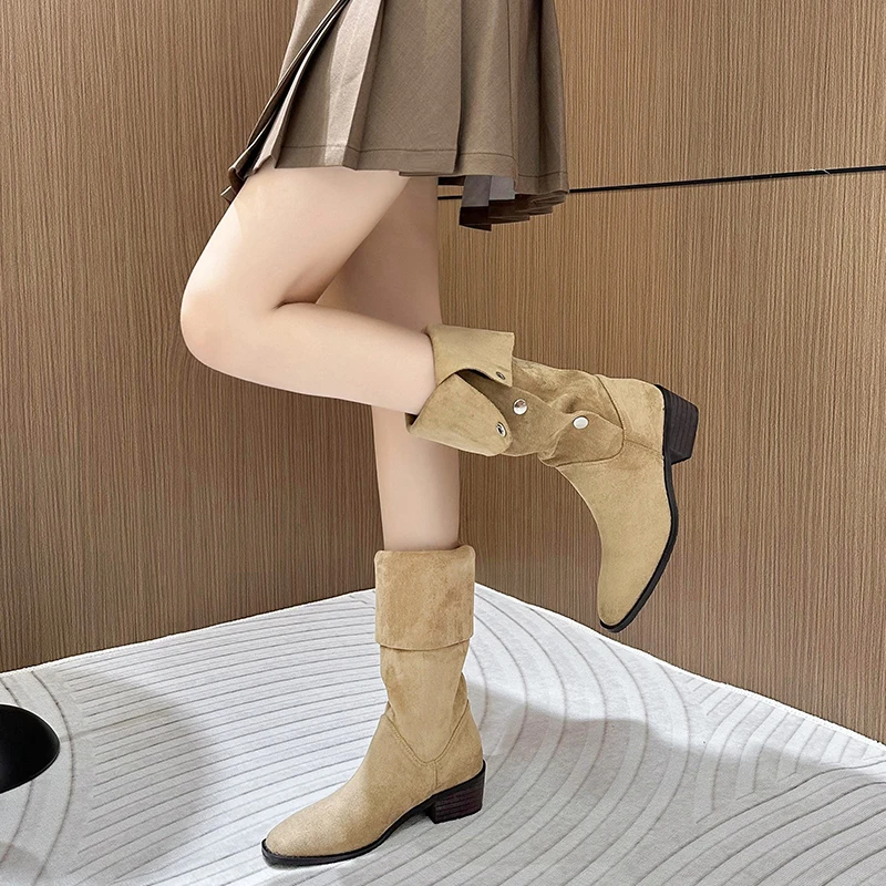 小个子堆堆靴子女2023秋冬新款中筒靴粗跟方头西部牛仔靴一鞋两穿