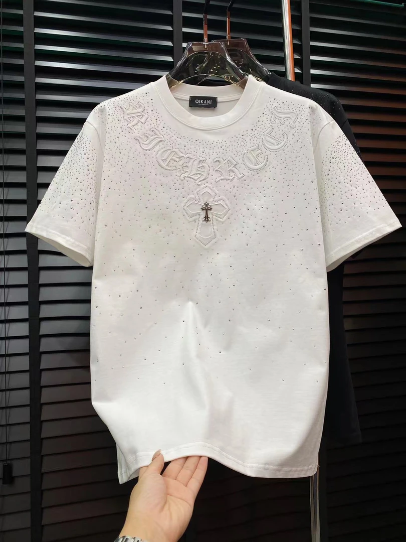 （LL）秋冬新款轻奢纯潮百搭时尚休闲流棉加厚烫钻圆领短袖T恤...