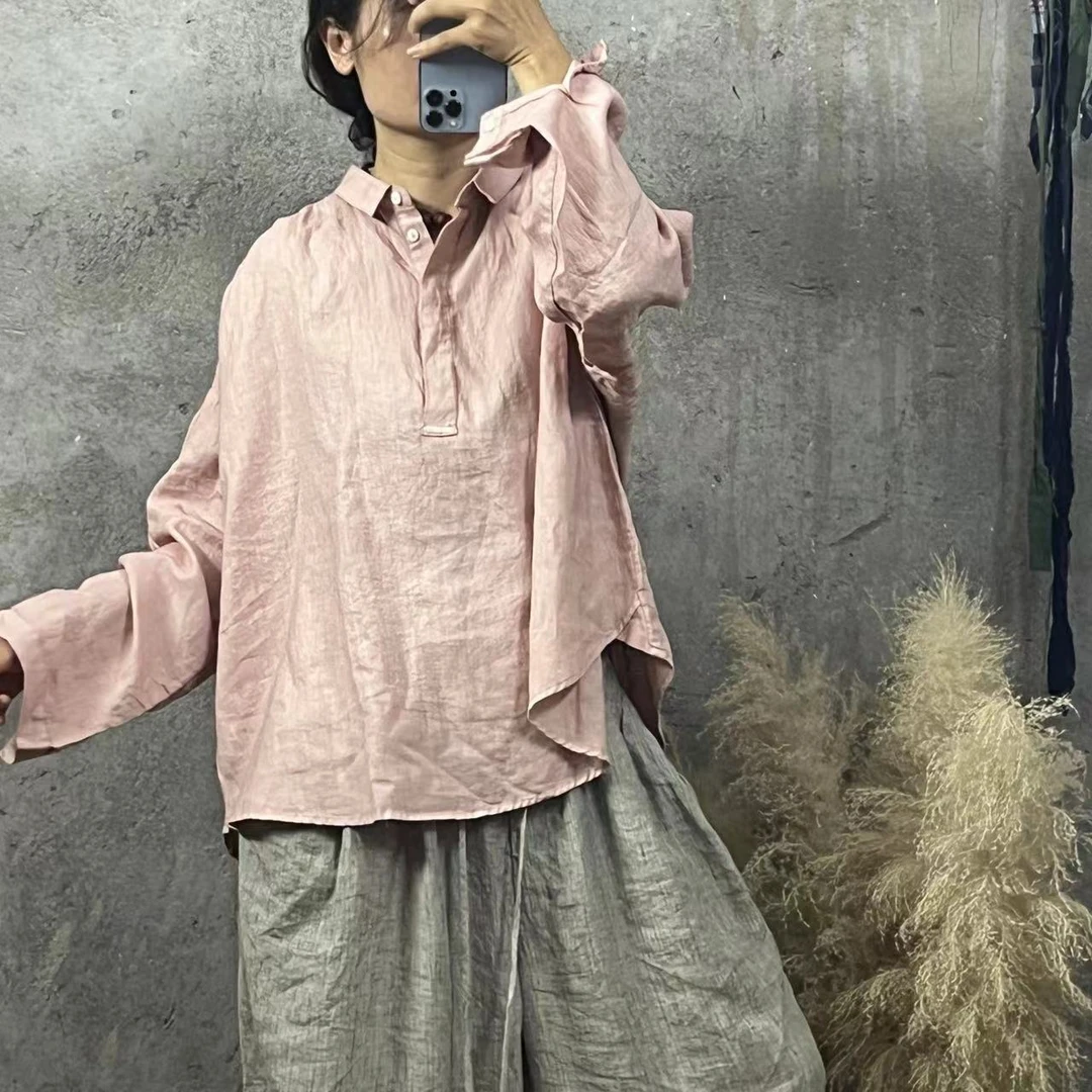 HH Y2250 纯亚麻高品质半开暗门襟长袖上衣（衣长65胸围140）