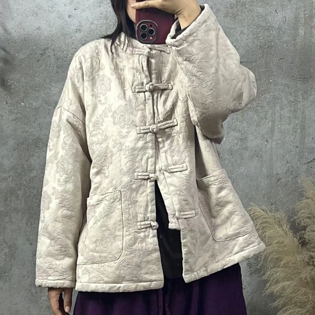 高品质亚麻挂衬提花盘扣棉衣加厚（衣长63 胸围120）HH A0132