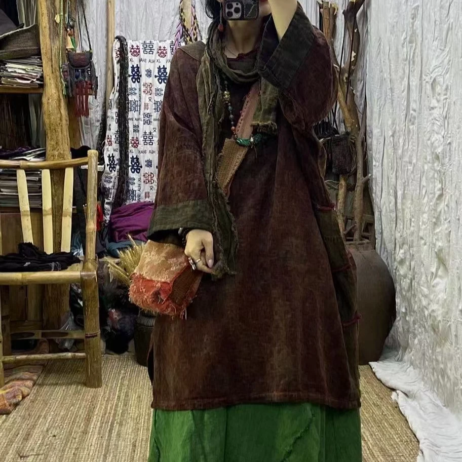 Sxi 8526 复古做旧斜襟盘扣印花袍子（衣长95胸围170）