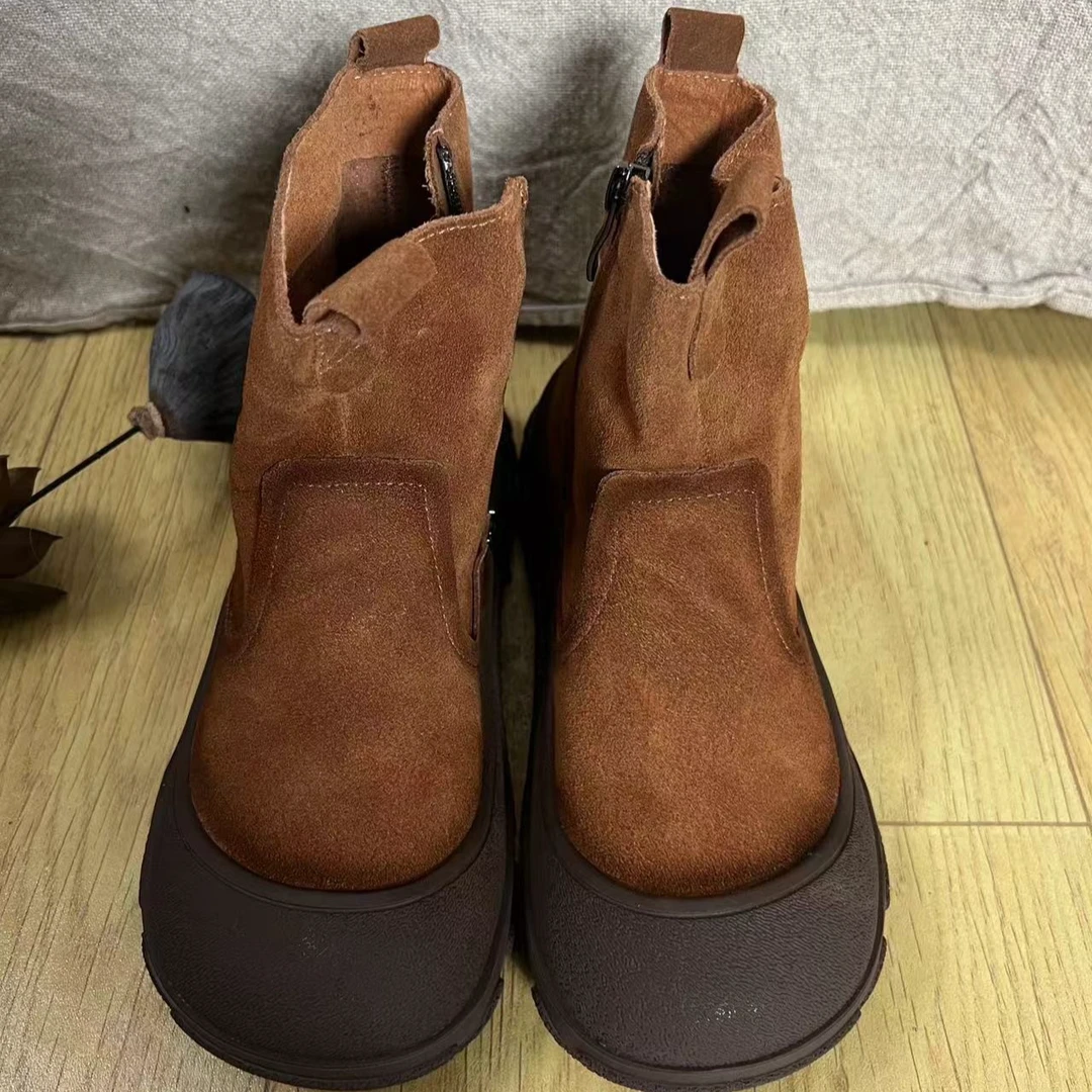 WMF 6866 复古小众真皮圆头拉链款短靴（跟高3-5CM）