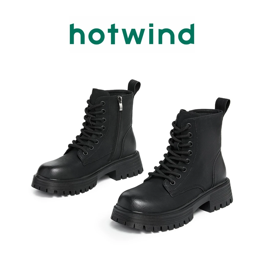 Hotwind/热风时尚厚底马丁靴女2025新款秋冬复古软底靴子短筒女