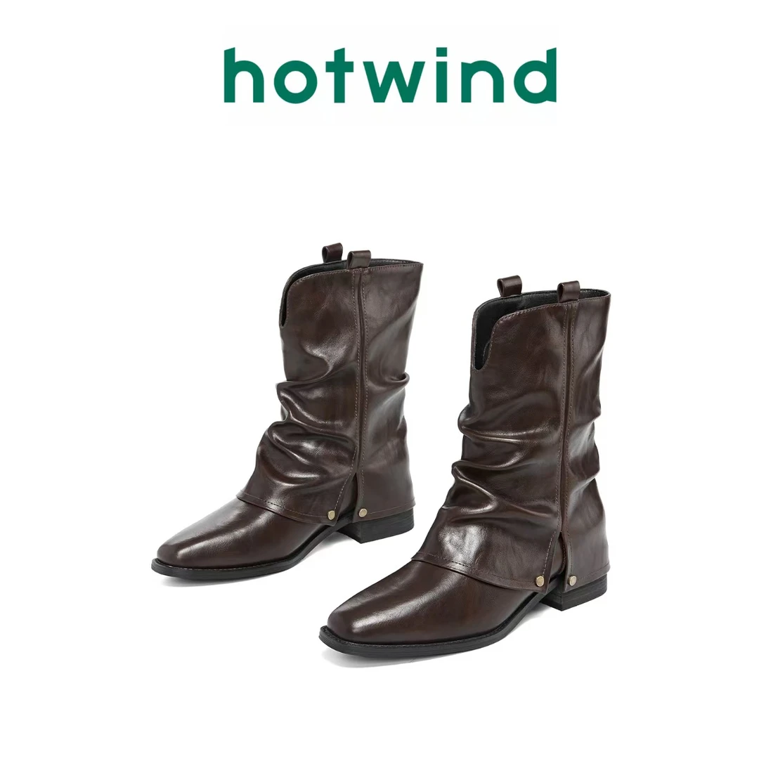 Hotwind/热风时尚粗跟牛仔靴2025新款显瘦裤管靴炸街西部牛仔靴女