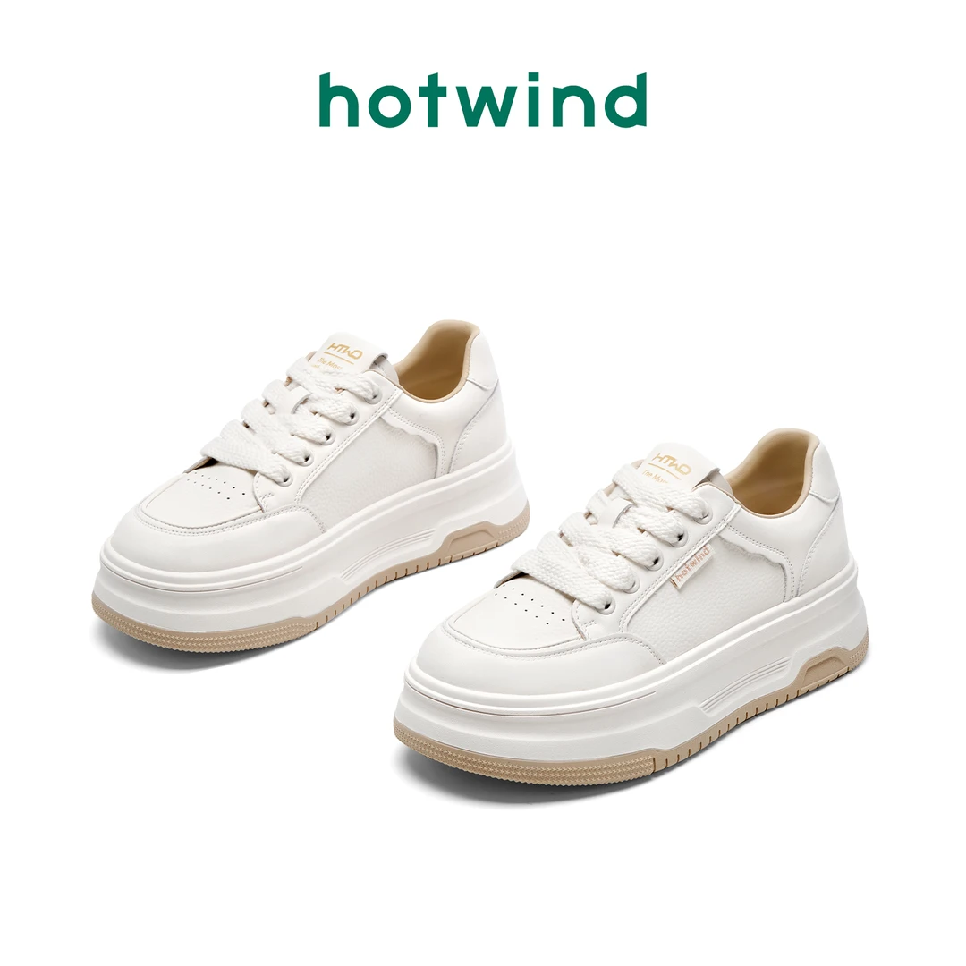 Hotwind/热风百搭休闲鞋女2024春季新款圆头系带防滑厚底百搭板鞋
