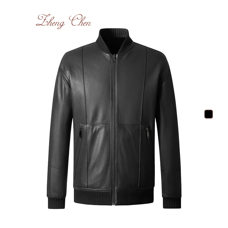 Zhengchen/正辰H*胎牛皮皇冠水貂绒双面穿棒球夹克GQ99557-L