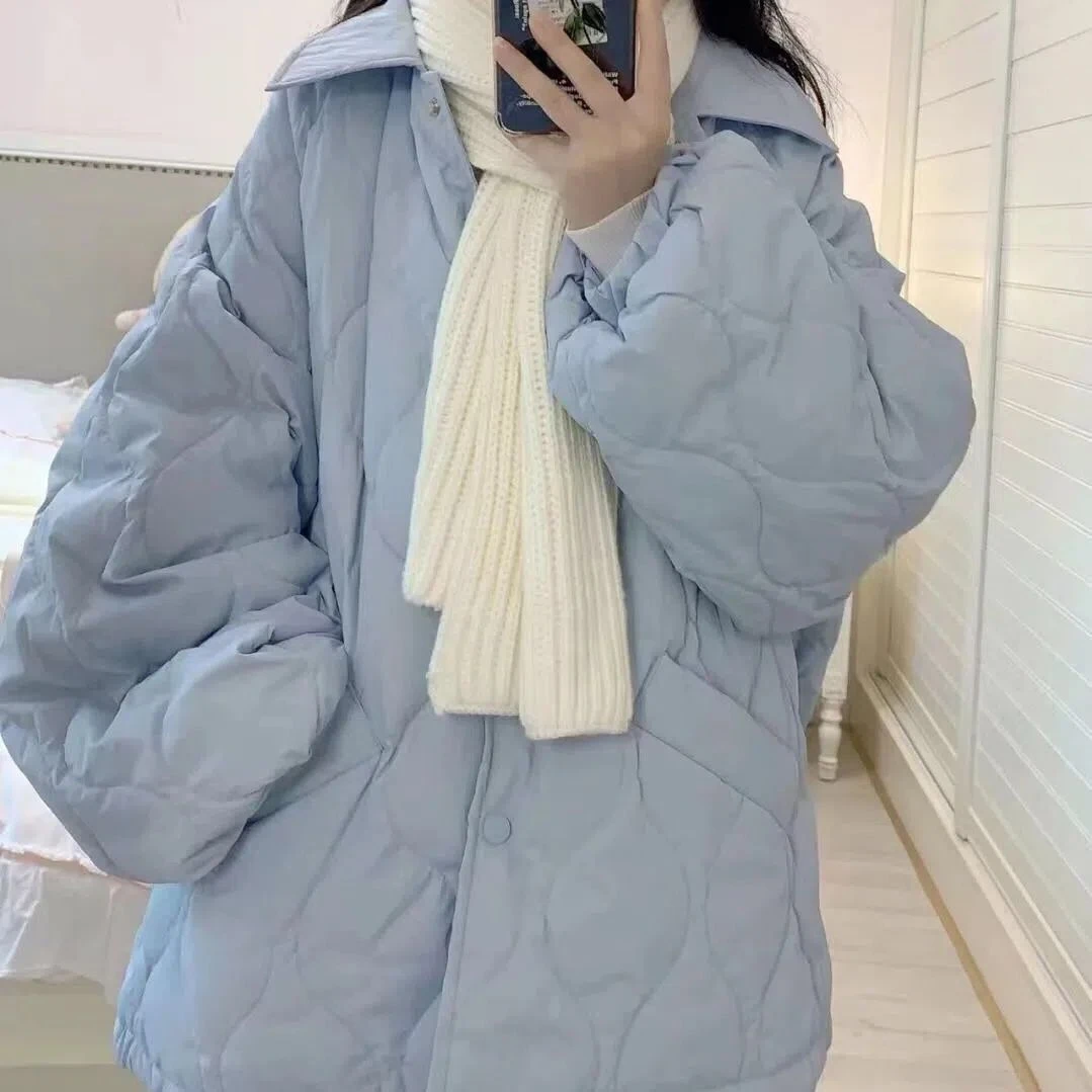 奶蓝色翻领菱格夹棉服外套女设计感小众中长款加厚棉衣冬