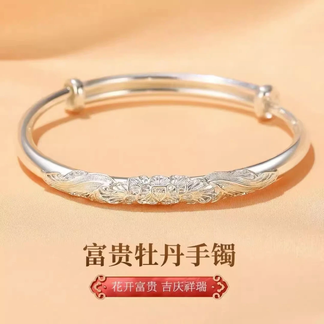 足银手镯 手镯女纯银醉花吟999.9足银实心银镯子送妈妈母亲节礼物