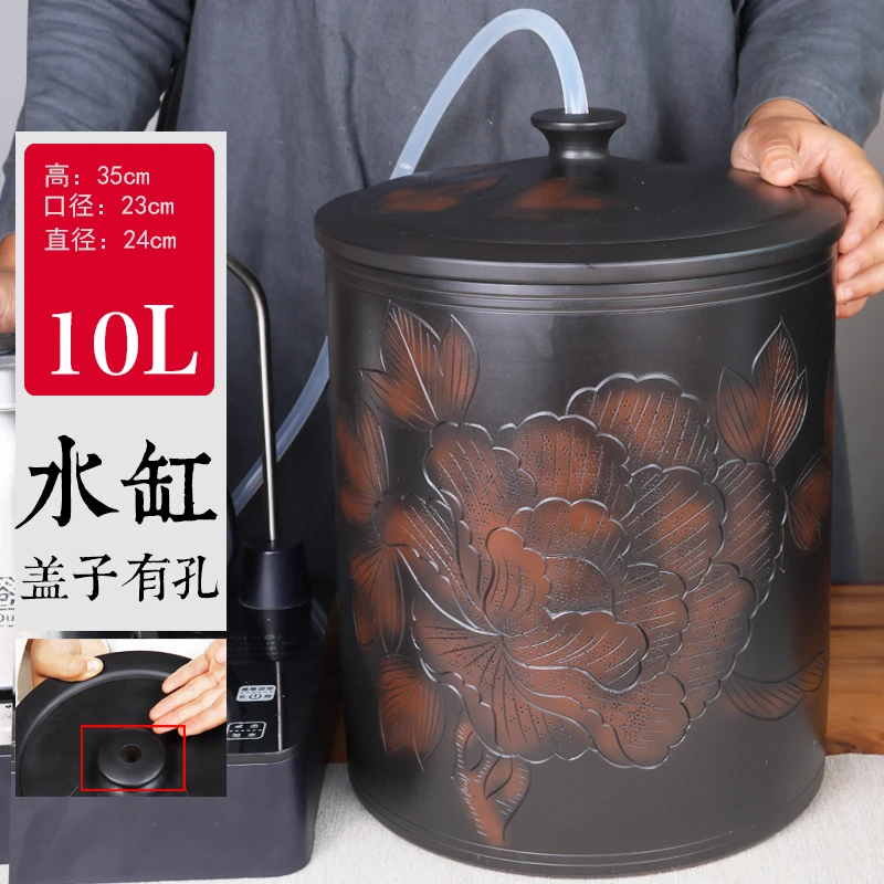 建水紫陶老式陶瓷大水缸家用茶道储水用抽水缸净水桶茶台泡茶10升