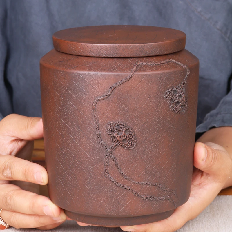 云南建水紫陶茶叶罐 醒茶罐菩提纹小号纯手工防潮陶瓷密封茶道