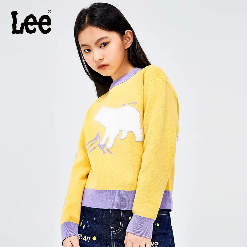 Lee龙年女童毛衣中大童春季毛针织衫宽松圆领保暖撞色上衣
