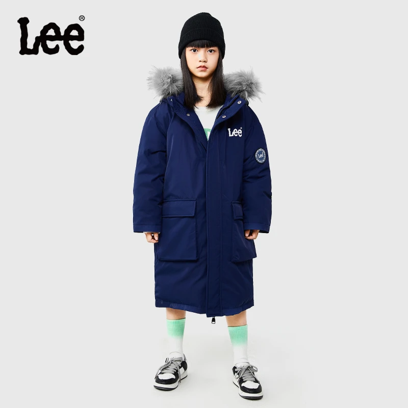 Lee商场同款大毛领儿童保暖好羽绒男童女童连帽中长款羽绒服