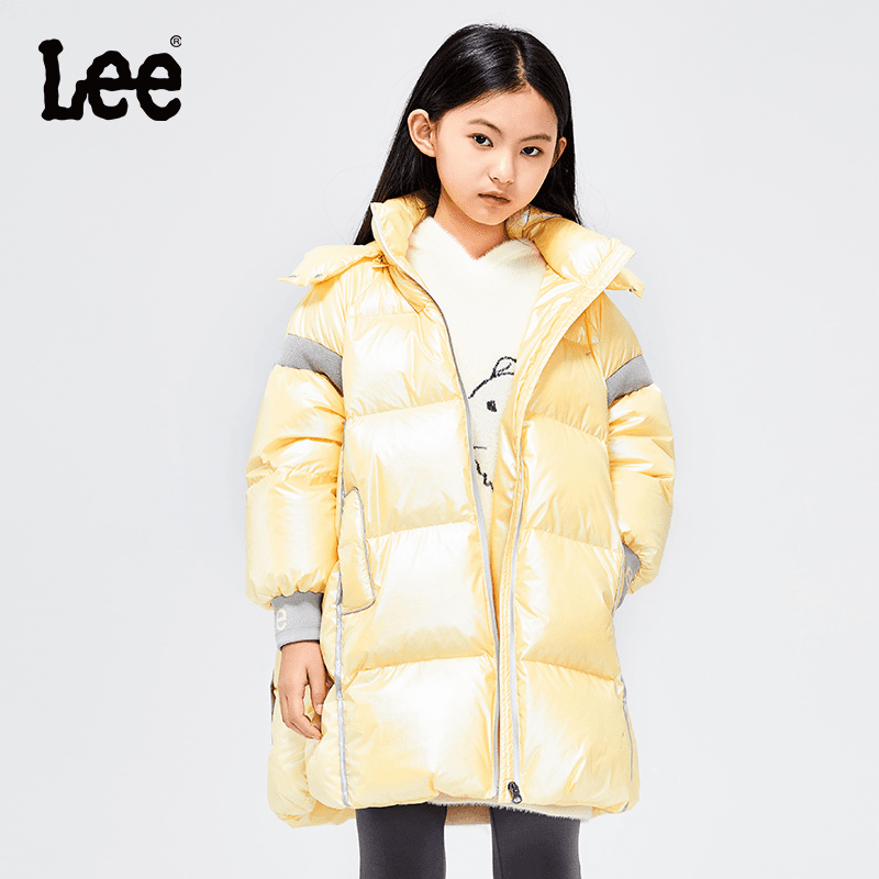 Lee女童羽绒服2023新款洋气冬季长款亮色免洗儿童中大童连帽外套
