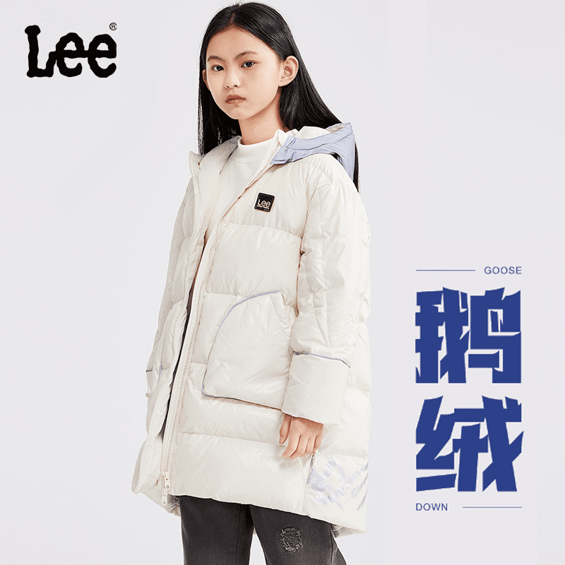 Lee龙年儿童羽绒服冬季2023长款连帽加厚保暖免洗白鹅绒外套