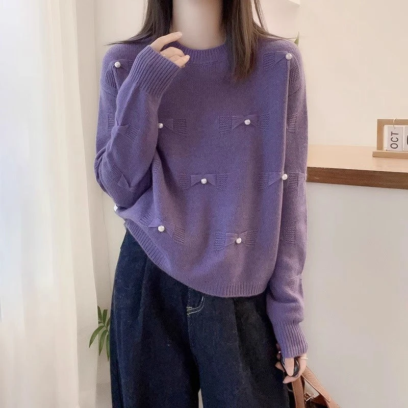 欧货圆领长袖打底衫秋冬季蝴蝶结设计感百搭美拉德风针织衫女毛衣