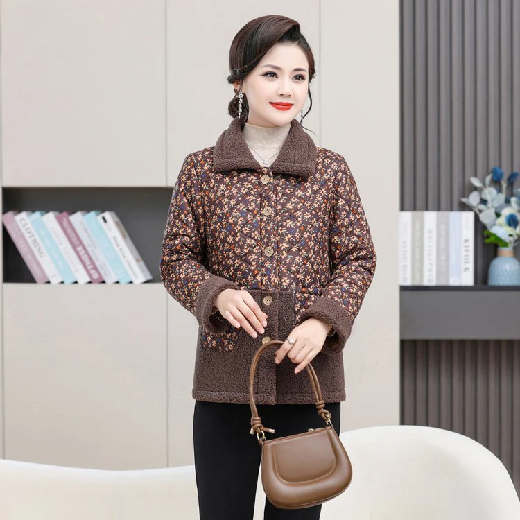 妈妈冬装加绒加厚棉衣外套中年女装洋气小个子毛翻领保暖棉服上衣