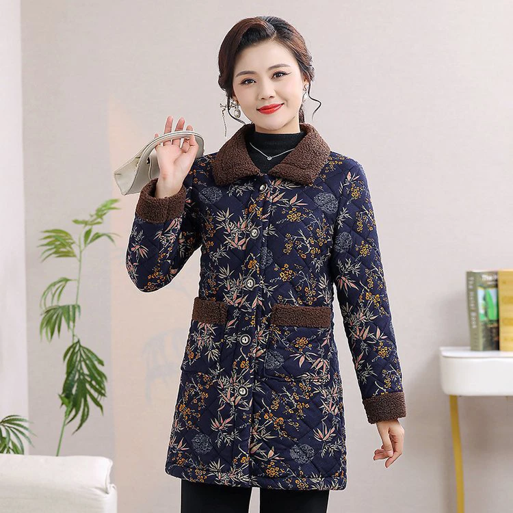 妈妈冬装外套中长款棉衣中年女新款加绒加厚保暖棉袄棉服中老年女