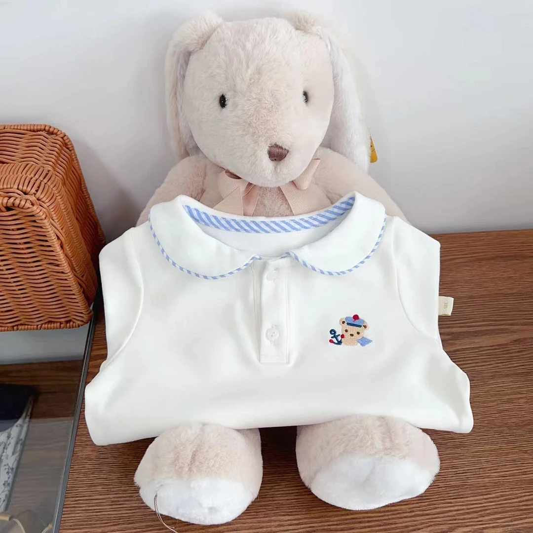 女童白色鱼钩熊两粒扣娃娃领洋气百搭娃娃衫2427