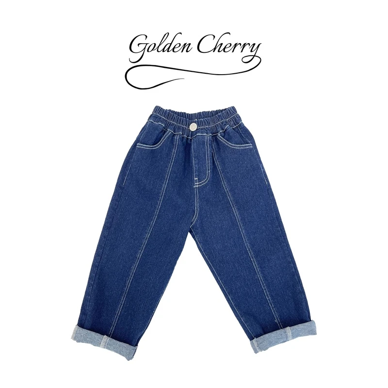 【Golden cherry】女童深蓝高腰一粒扣洋气竖线卷边百搭牛仔裤2518