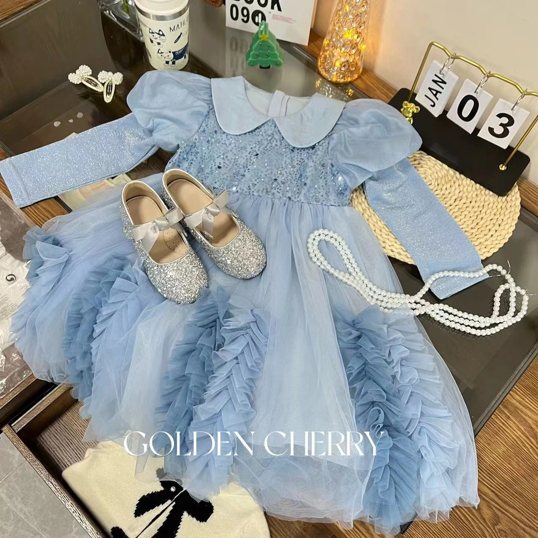 【Golden cherry】女童高级亮晶晶亮片洋气泡泡袖连衣裙5332071