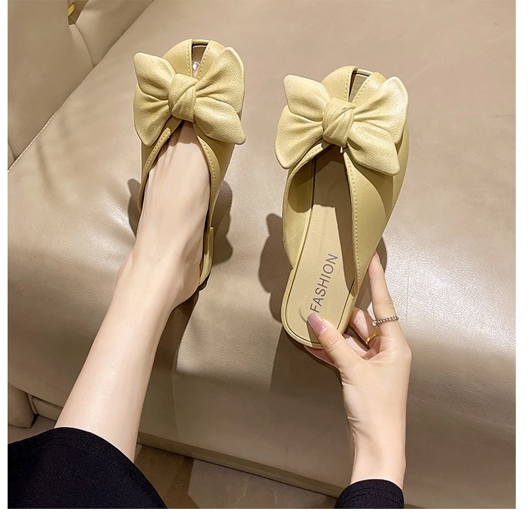 时尚蝴蝶结包头半拖鞋女外穿2024夏季新款韩版百搭平底软底凉拖鞋