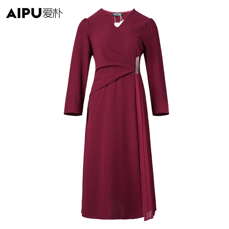 品牌女装2024秋法式气质连衣裙大码女胖mm显瘦V领长袖中长款52288