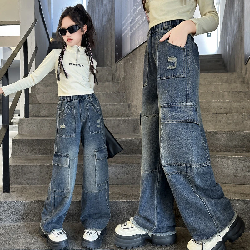 下架不补 女童阔腿裤秋季女孩工装裤儿童牛仔裤春秋休闲裤子秋装