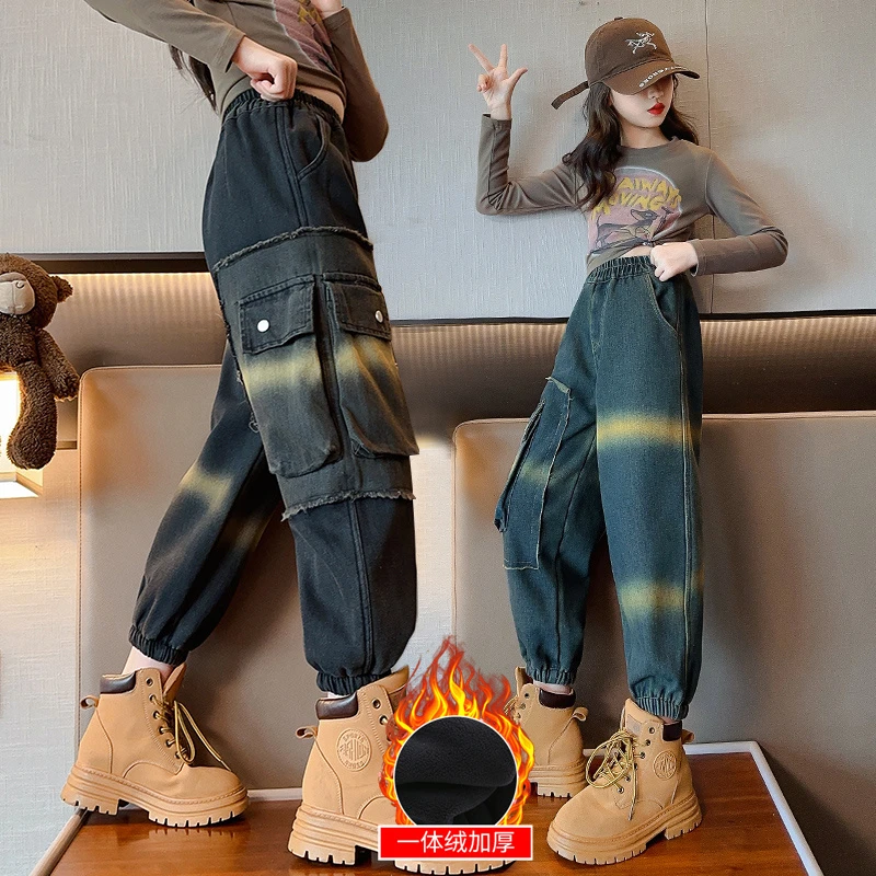 女童裤子加绒秋冬装儿童牛仔裤加厚一体绒工装裤中大童冬季长裤